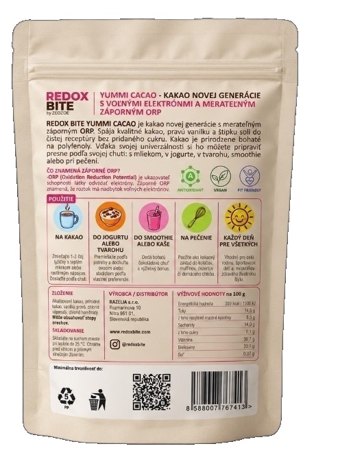 Zadná strana balenia YUMMI CACAO so zložením, použitím a výživovými údajmi