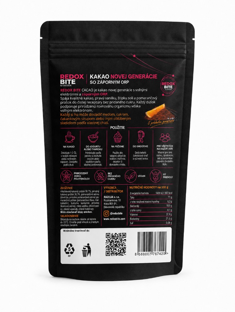 Zadná strana balenia YUMMI CACAO Pomaranč so zložením, použitím a výživovými údajmi